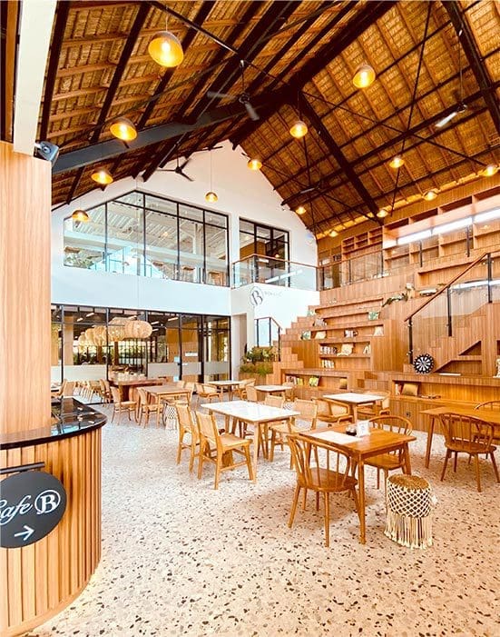 The communal cafe space at BWork Bali, the perfect place to relax and socialise with food and coffee before or after working in the main cowork spaces.