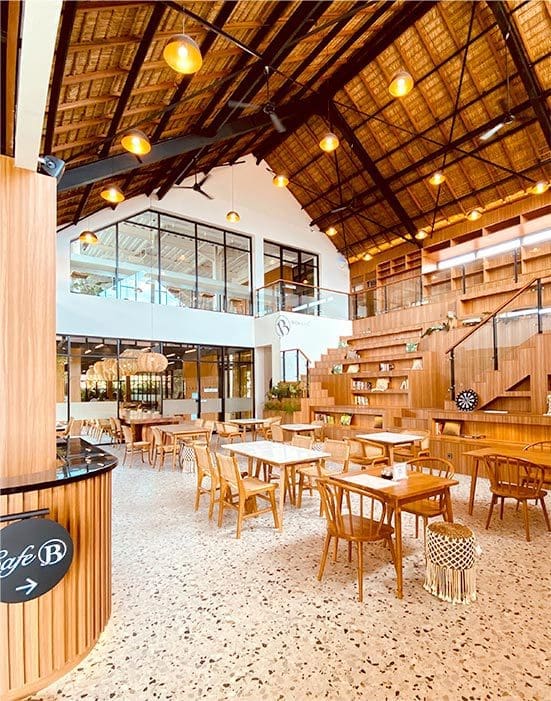 The communal cafe space at BWork Bali, the perfect place to relax and socialise with food and coffee before or after working in the main cowork spaces