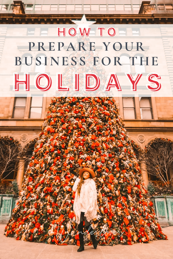 Pinterest Pin for how to prepare your business for the holidays podcast, showing Danielle next to a giant christmas tree in New York