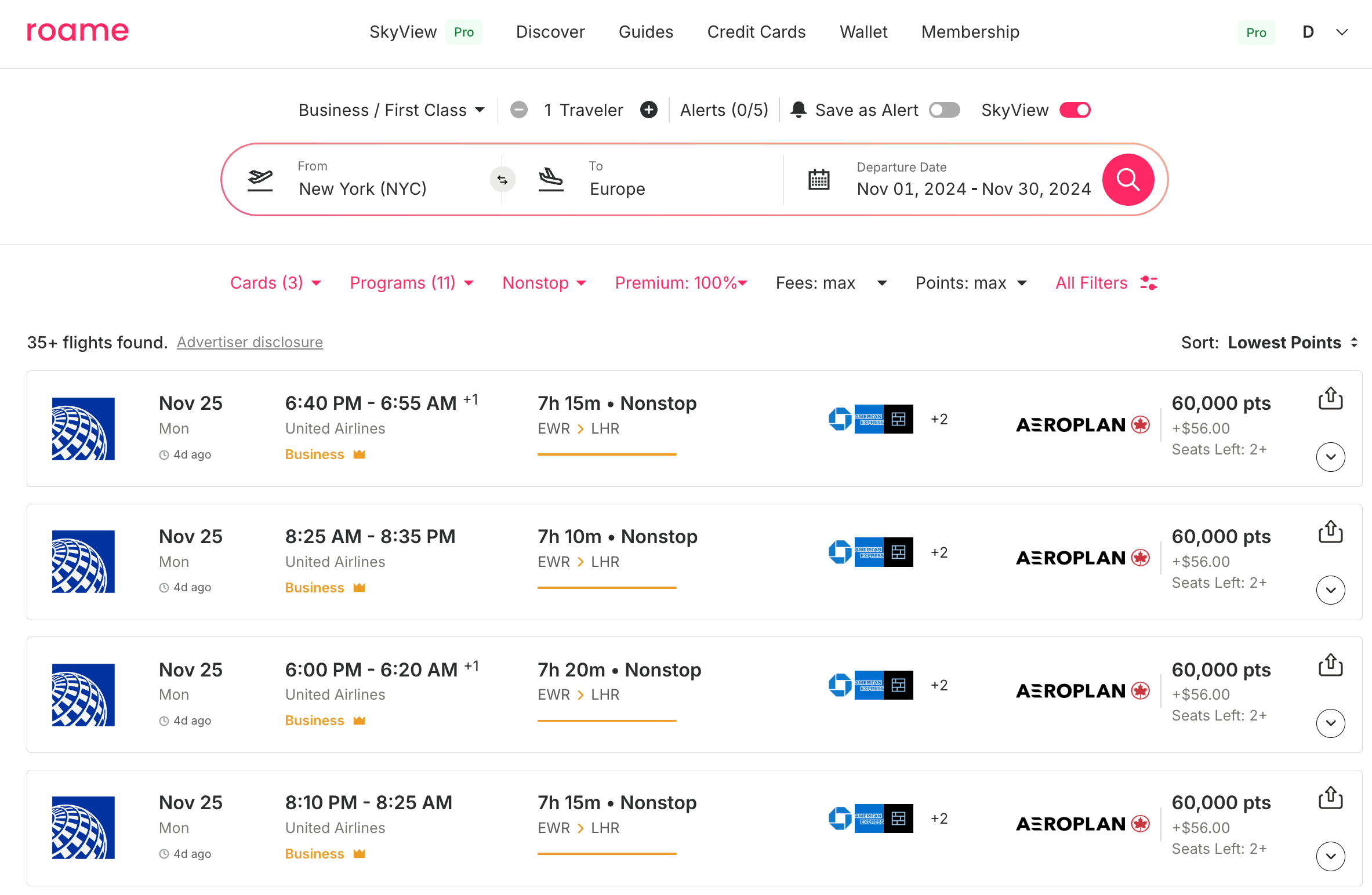 Roame Business Class Flight Searches