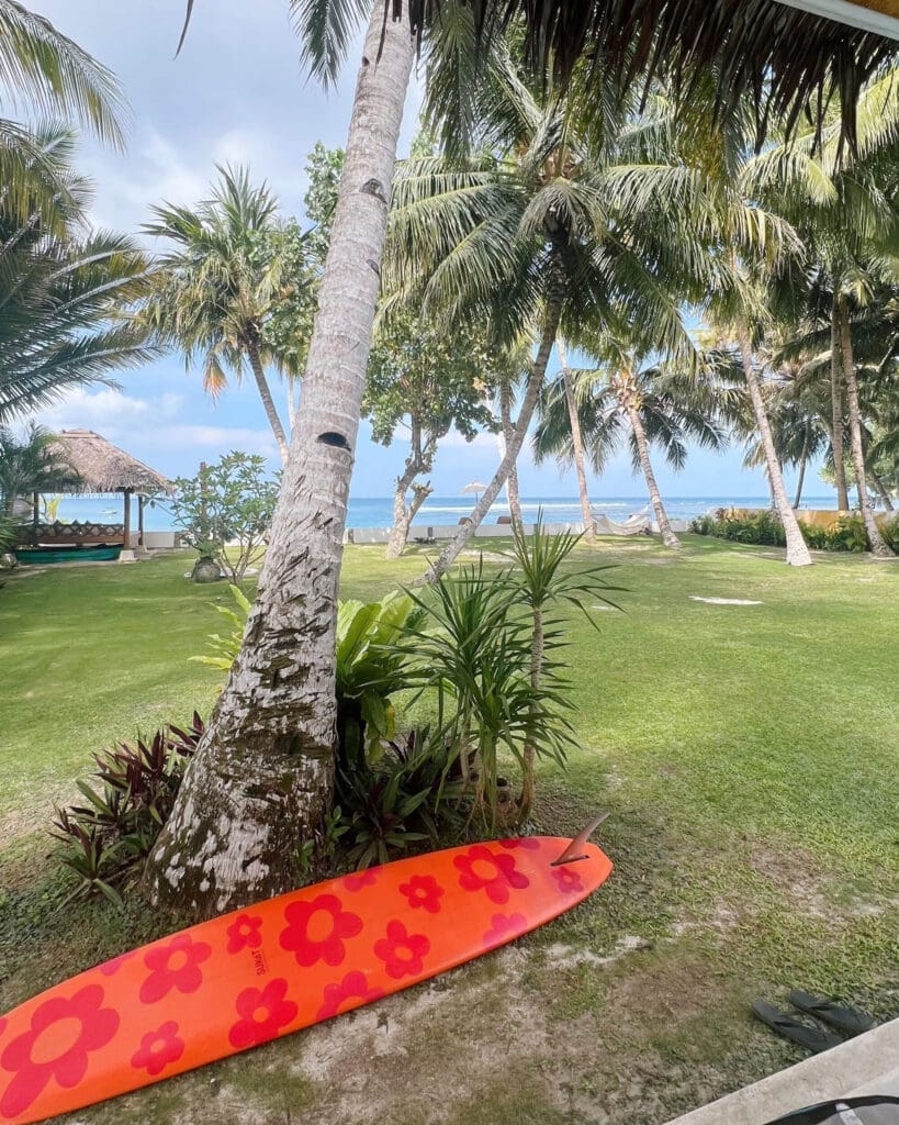 Surfboard in front of Lance's Right Hollow Trees Mentawai