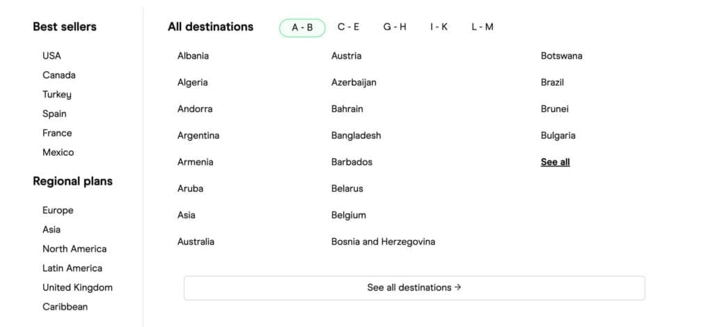 Holafly best selling country plans, regional plans, and all destinations