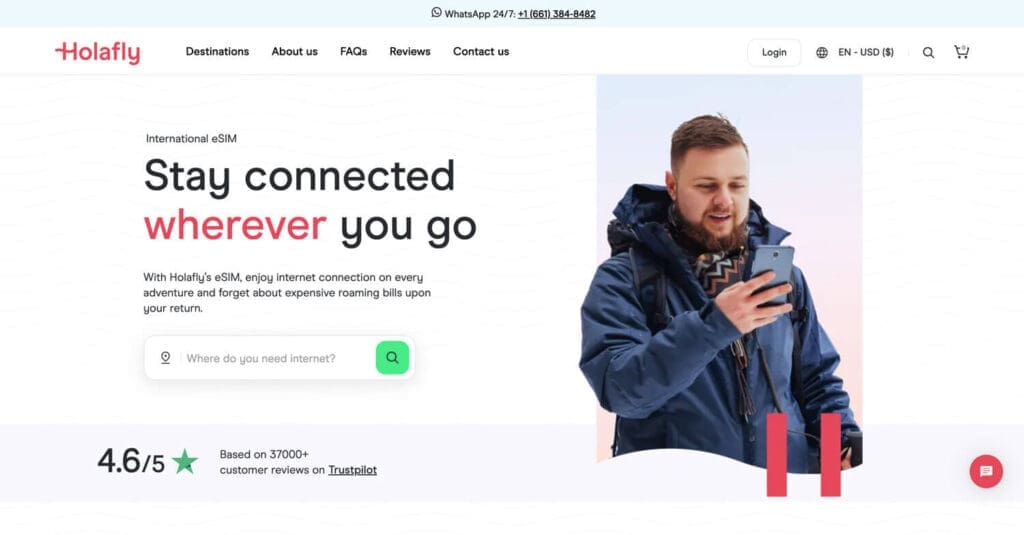Holafly eSIM home page where potential customers can stay connected wherever they go