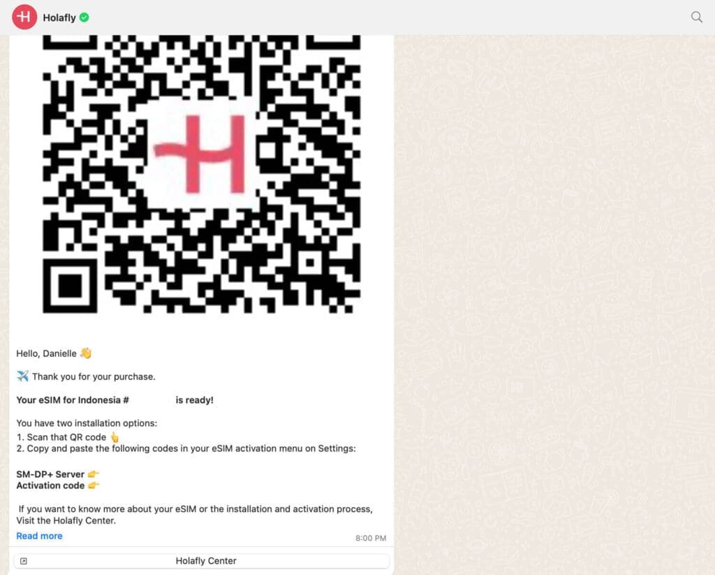 WhatsApp conversation between Holafly and customer with QR code.