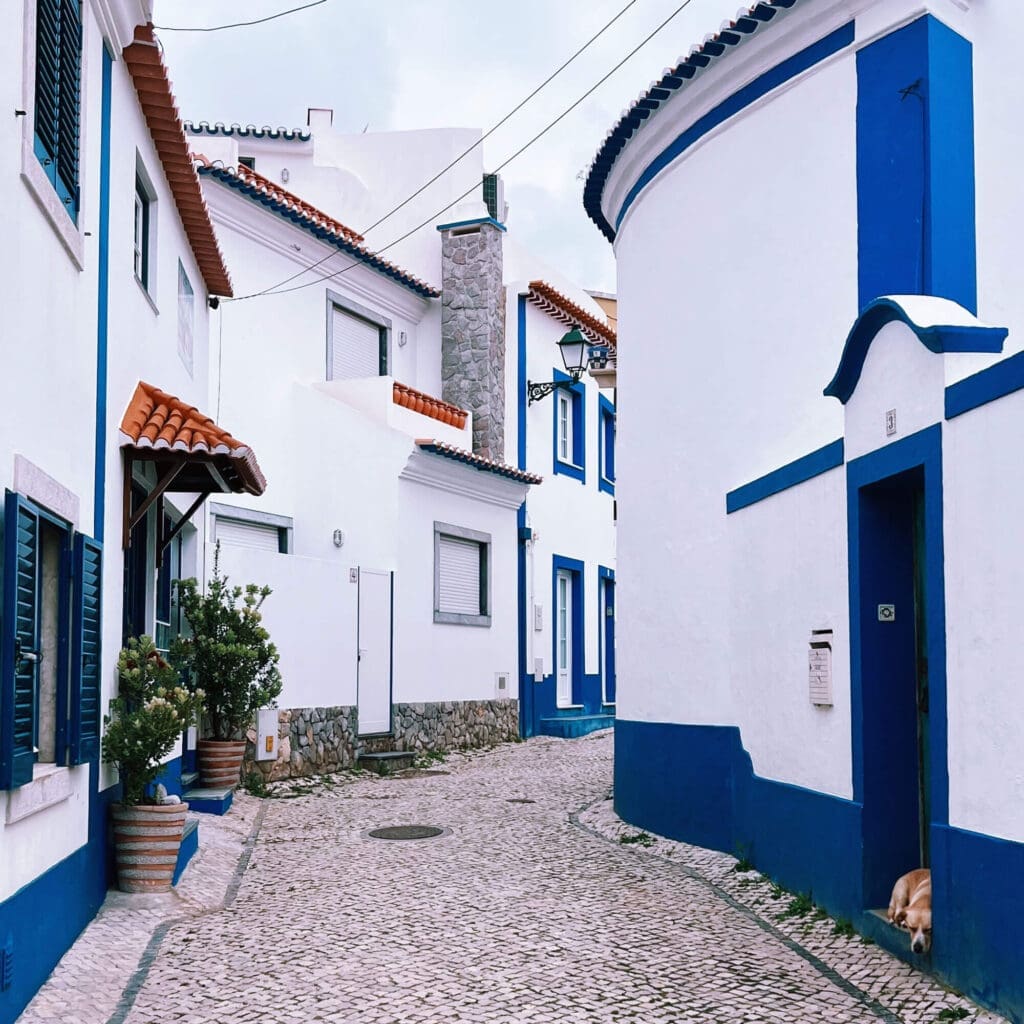 Blue and white buildings on the streets of Ericeira