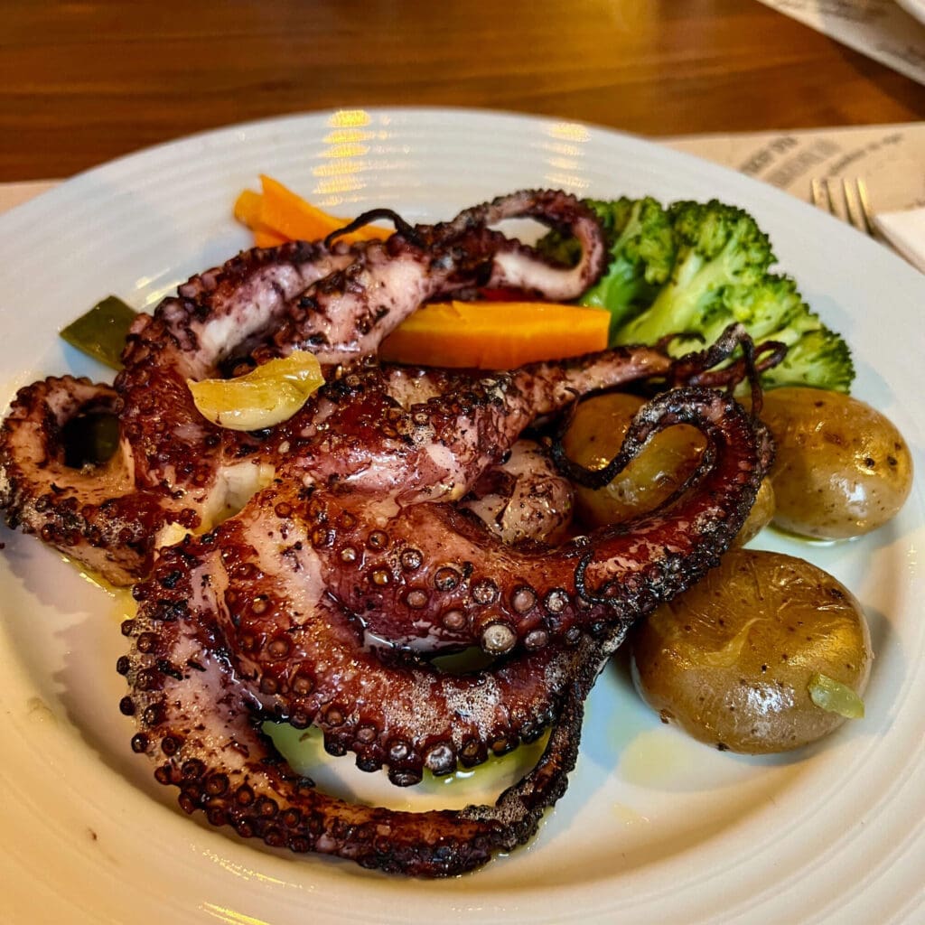 Octopus dish with tomatoes and broccoli