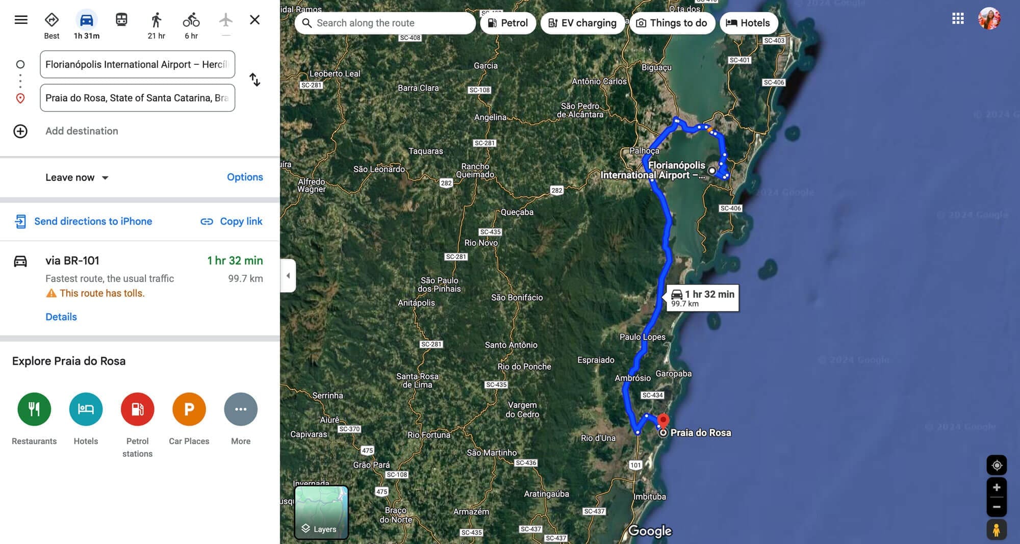 Google Map showing the route from Florianopolis to Praia do Rosa