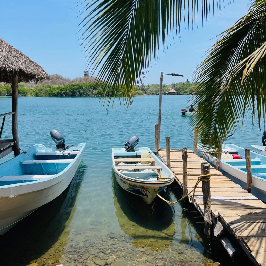 Boats and clear blue water and palm trees