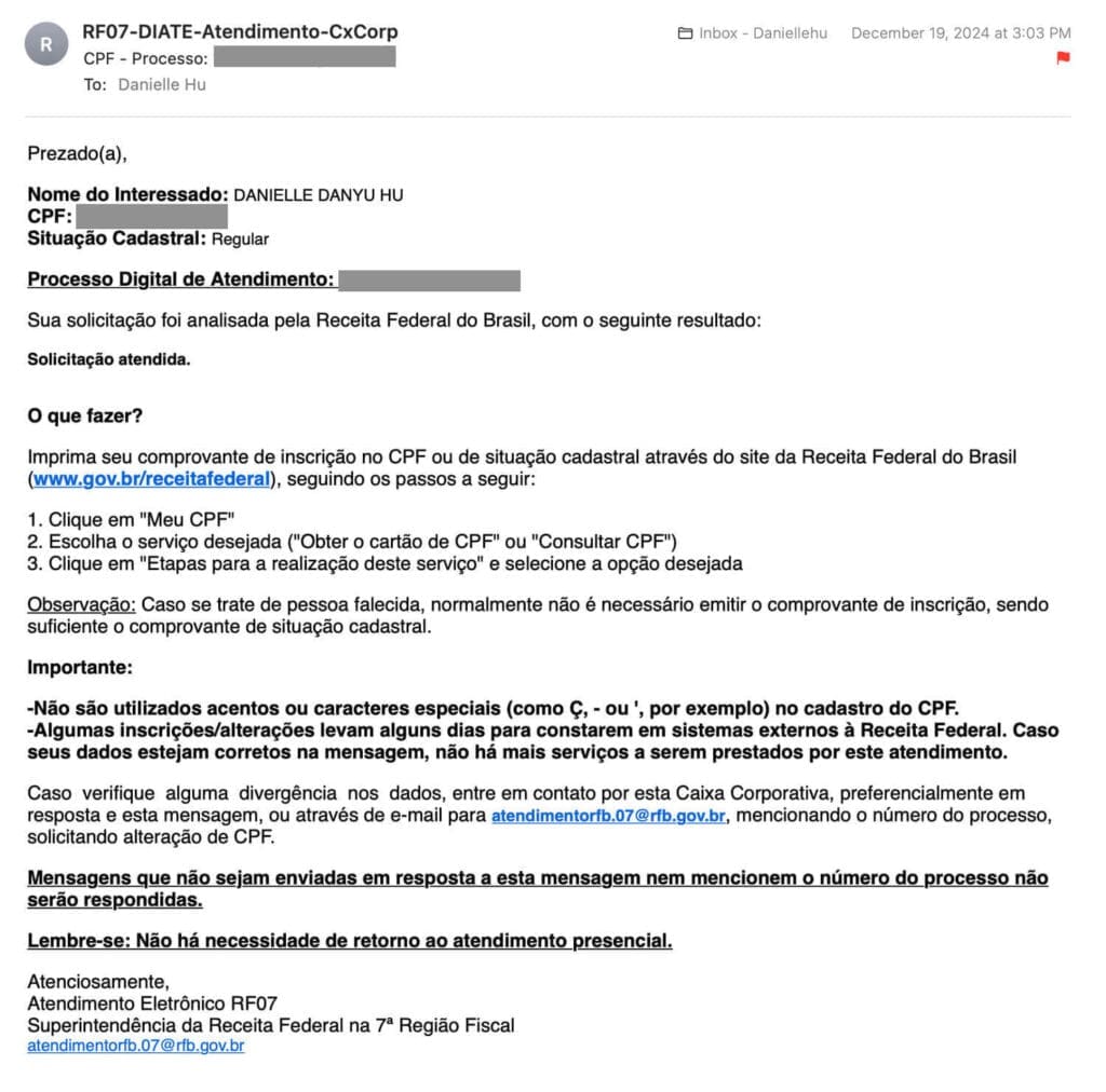 Screenshot of CPF confirmation email