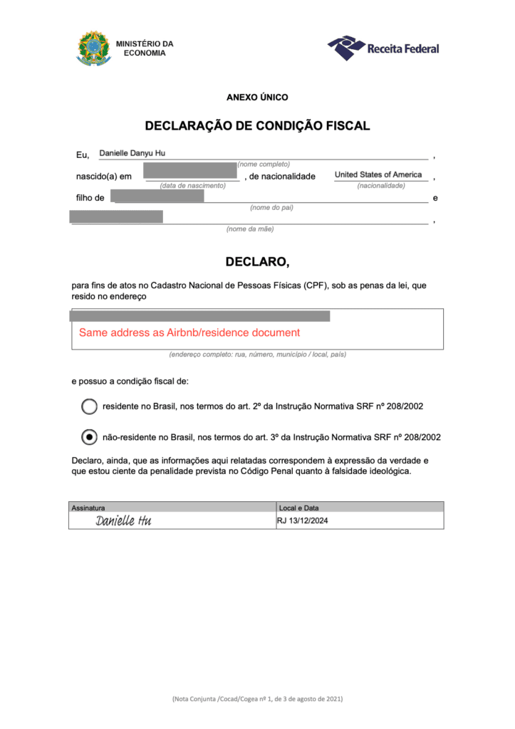 CPF Declaration form filled out as an example