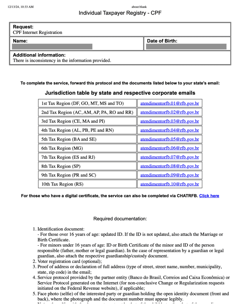 CPF Internet registration confirmation email example