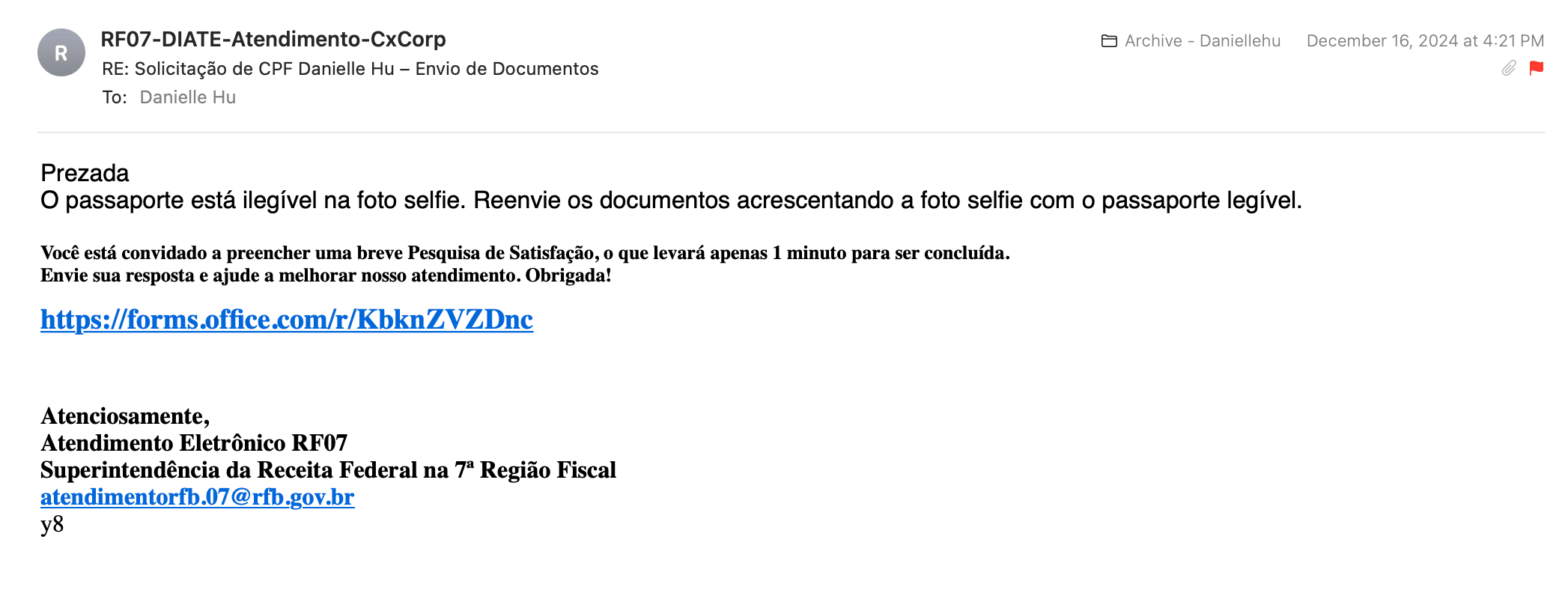 Screenshot of error email when you send something wrong