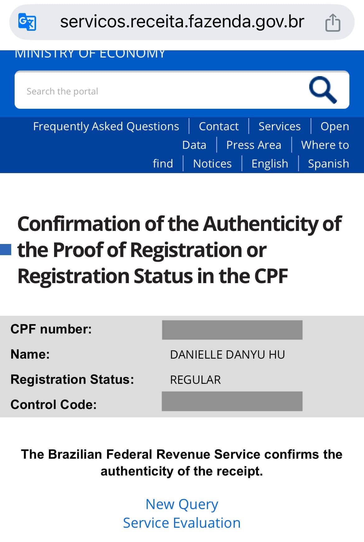 Confirmation of Authenticity of CPF